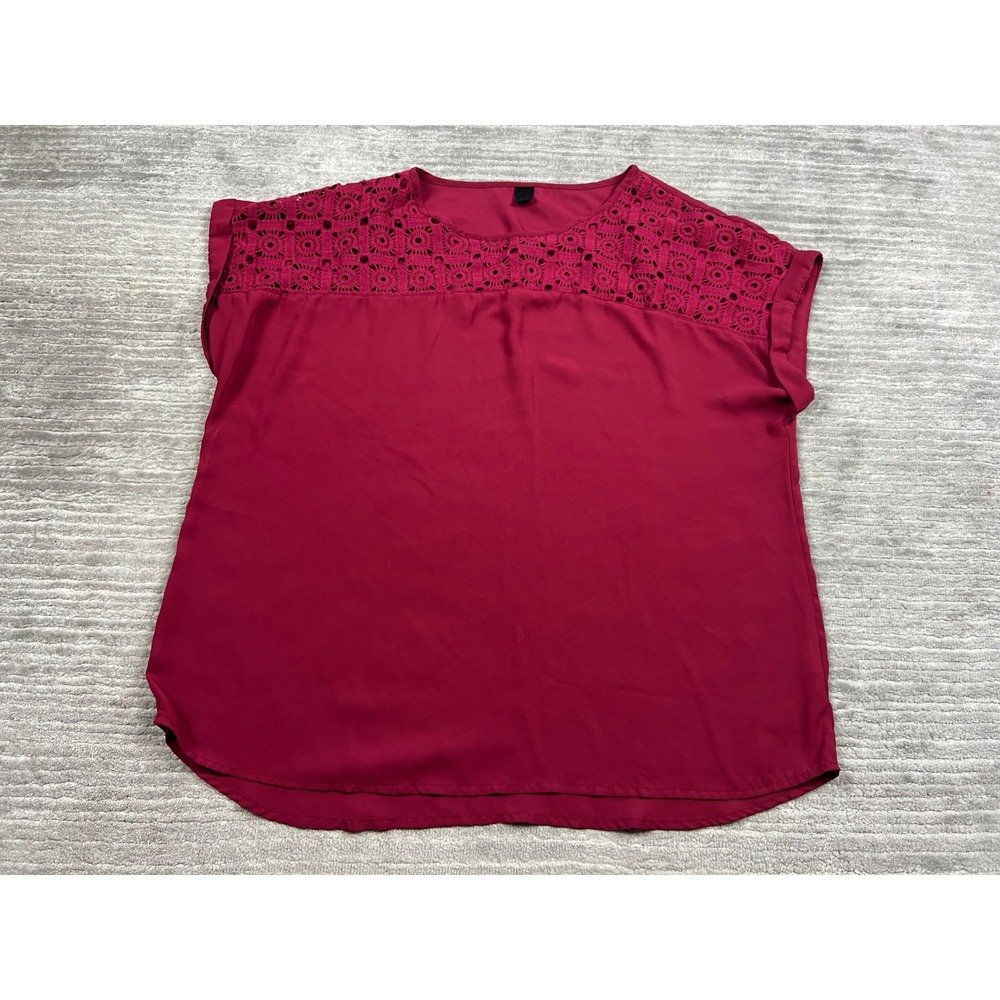 SHEIN Blouse Womens XL Burgundy Crochet Lace Yoke Short Sleeve JIT9019919 Casual